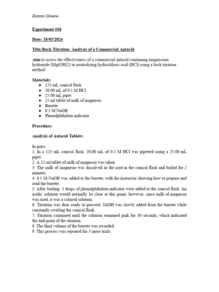 Kianna Greene Antacid Lab Back Titration PDF Titration Chemistry