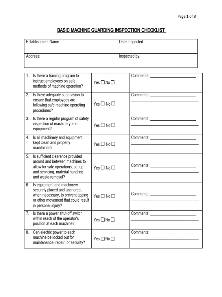 Machine Guarding Inspection Checklist | PDF | Machines | Switch
