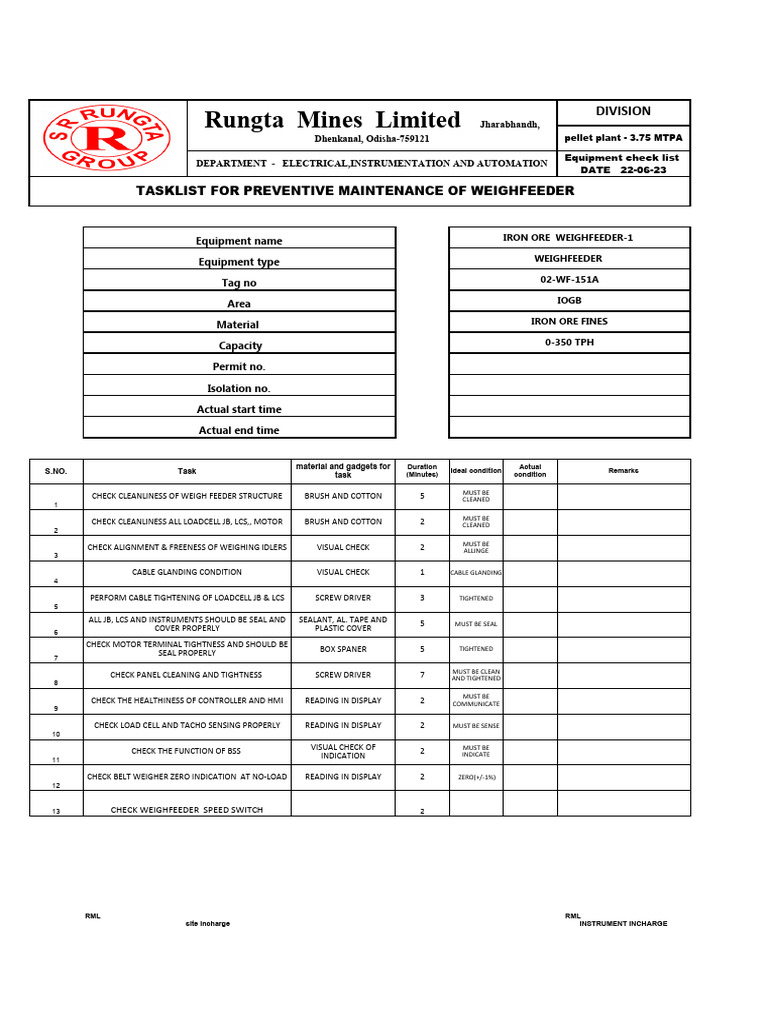 Rungta Mines Limited: Tasklist For Preventive Maintenance of ...