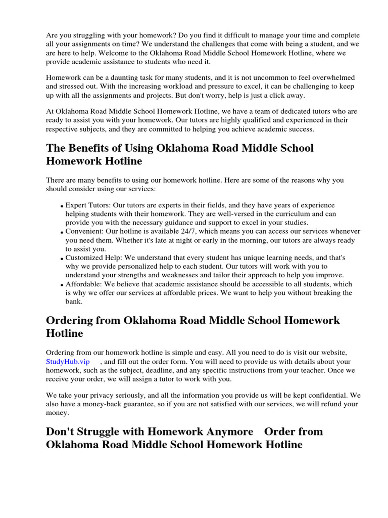 Oklahoma Road Middle School Homework Hotline Download Free PDF