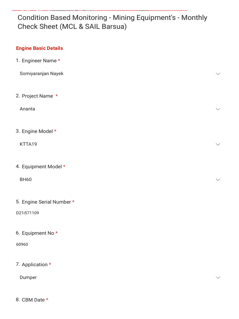 Condition Based Monitoring - Mining Equipment's - Monthly Check Sheet ...