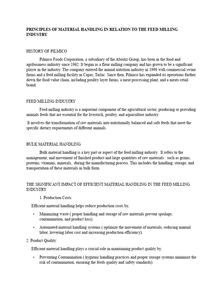 Principles of Material Handling in Relation To The Feed Milling Industry Written Report PDF