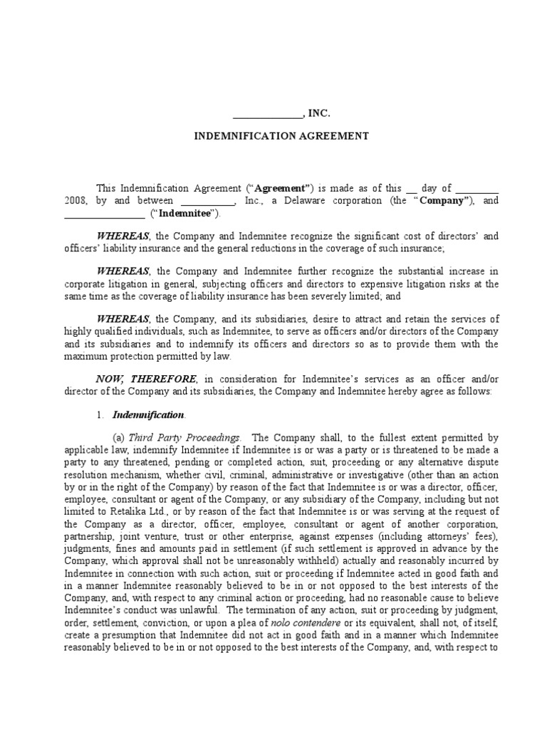 Indemnification Agreement For Board MemberTemplate1 Indemnity Liability Insurance