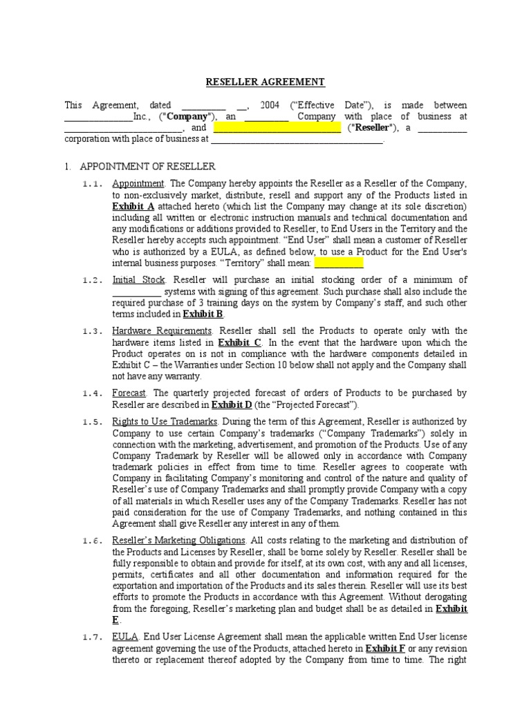 Reseller Agreement Template Overview | PDF | Intellectual Property ...