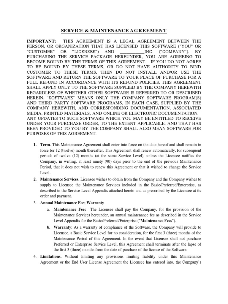 Service Maintenance Agreement Template 1 PDF License Software