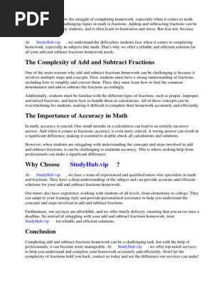 Add and Subtract Fractions Homework