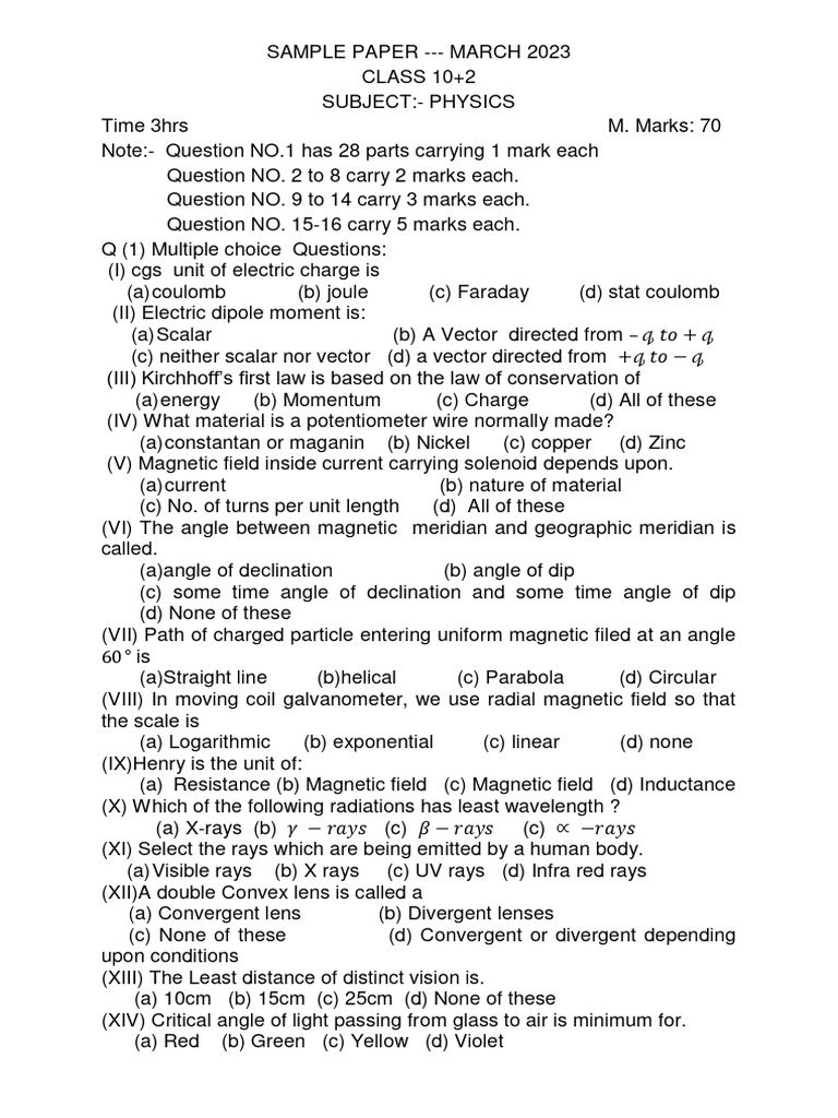 12 Physics Model Test Papee 2023-24 | PDF | Magnetic Field ...