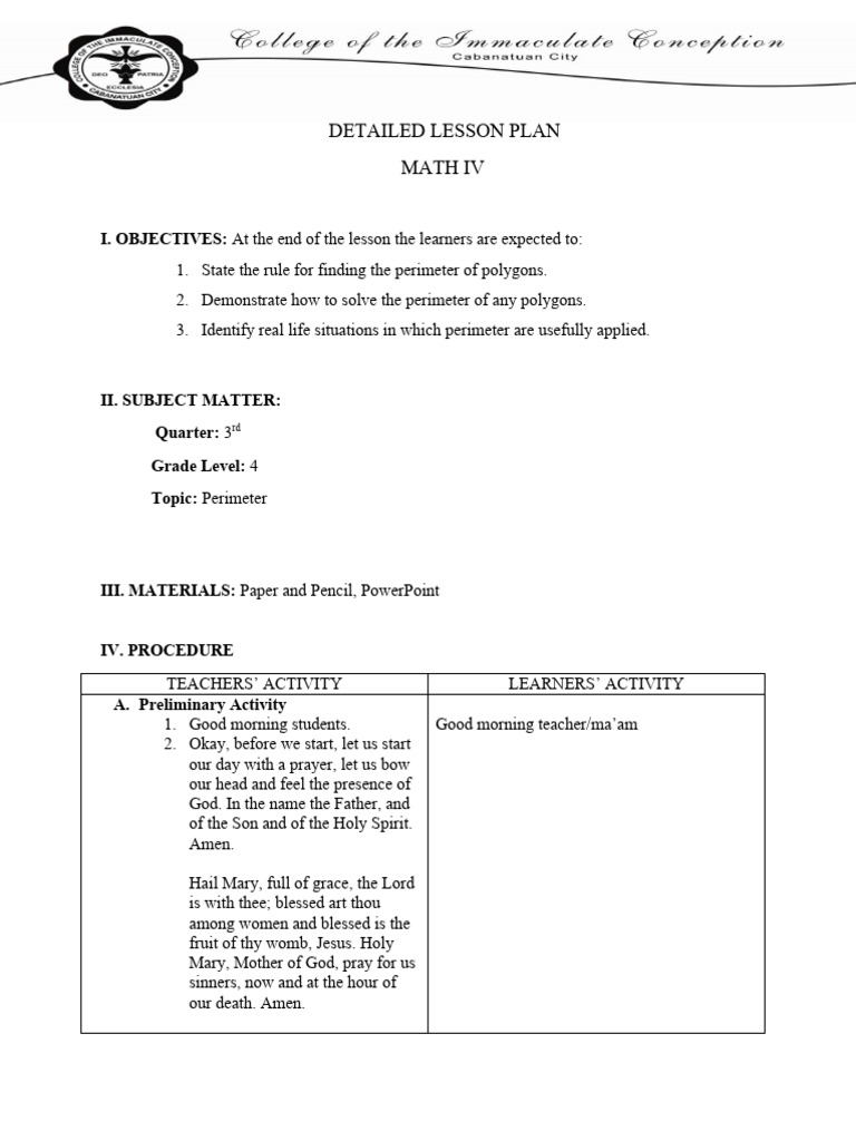 Math Detailed Lesson Plan Perimeter | Download Free PDF | Triangle ...