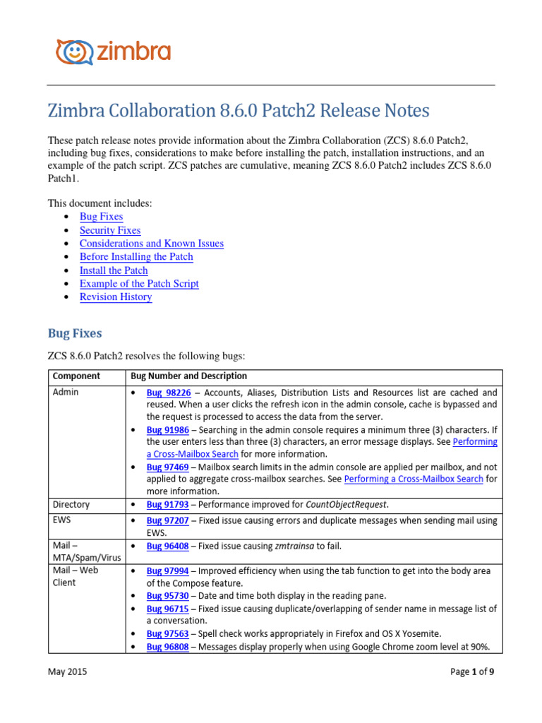 Zimbra 8.6.0 Patch2 Release Notes | PDF | Software Bug | World Wide Web