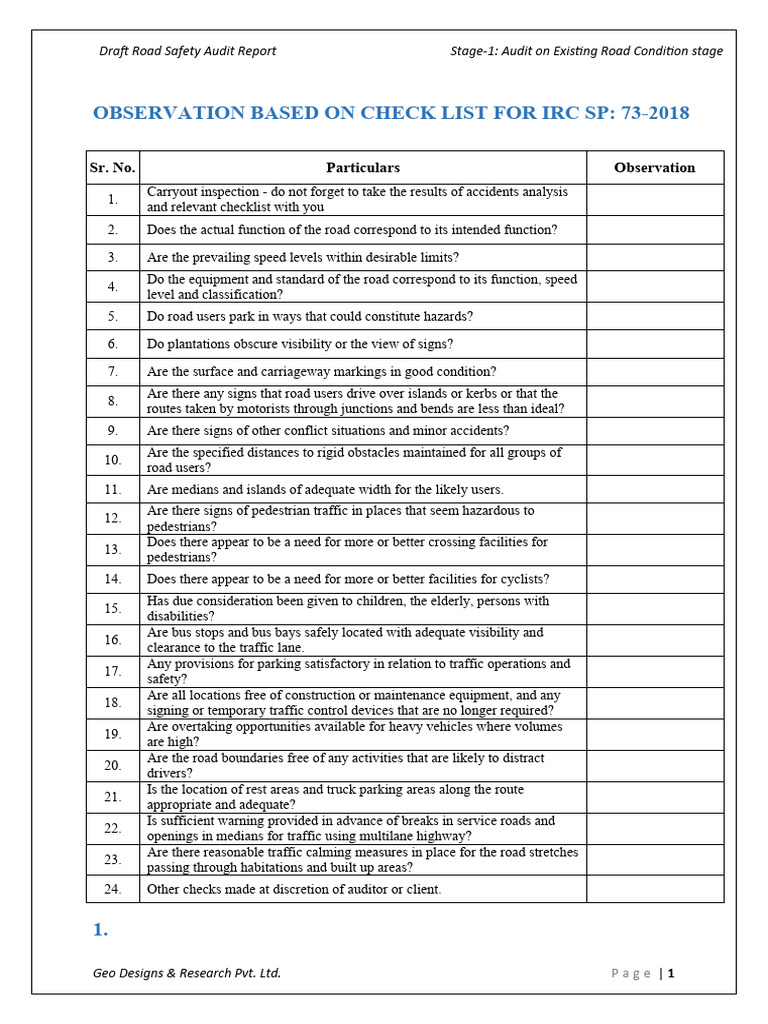 Road Safety Audit Report: IRC SP 73-2018 | PDF | Traffic | Road