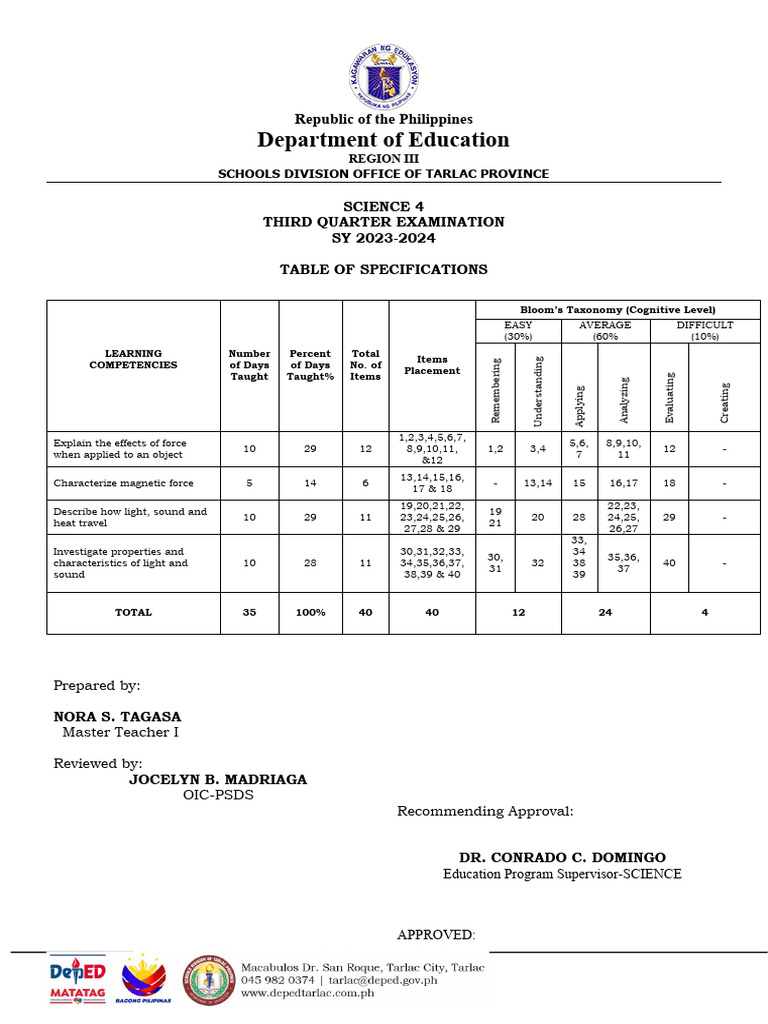Q3 Science 4 Periodical Test Melc Based With Tos Answer Key | PDF ...
