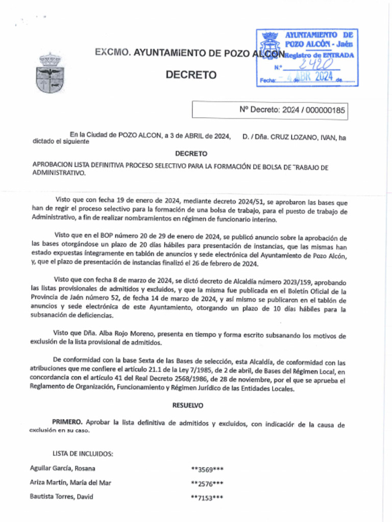 Listado Definitivo de Aspirantes Proceso Selectivo para La Formación de ...
