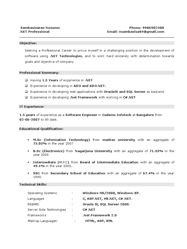 .NET Developer Resume - Sambasivarao N. | PDF | Oracle Database ...