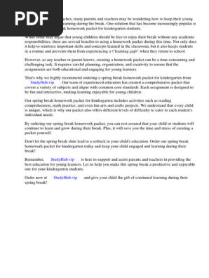 Spring Break Homework Packet for Kindergarten