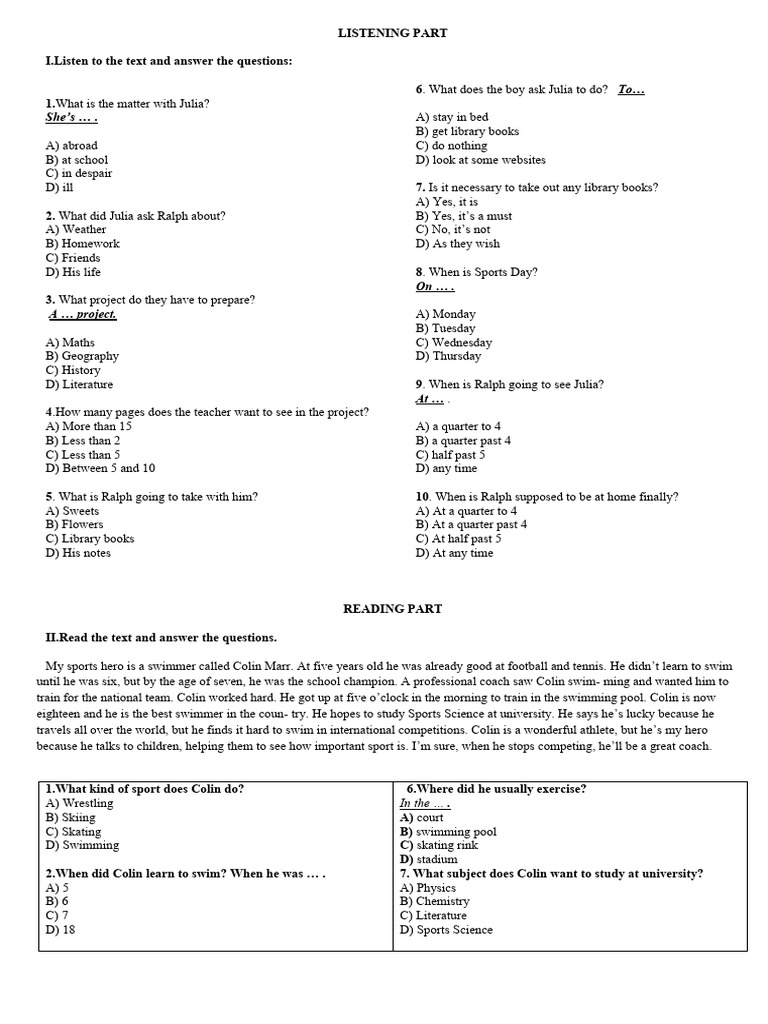 Grade 6 English Olympiad Practice Test | PDF | Swimming