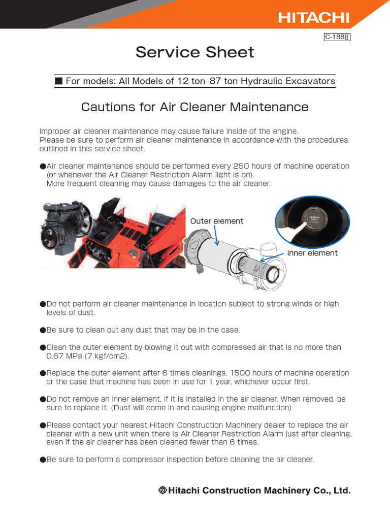 Excavator Air Cleaner Guide | PDF | Equipment | Gas Technologies - Air Cleaner Filter Maintenance Schedule