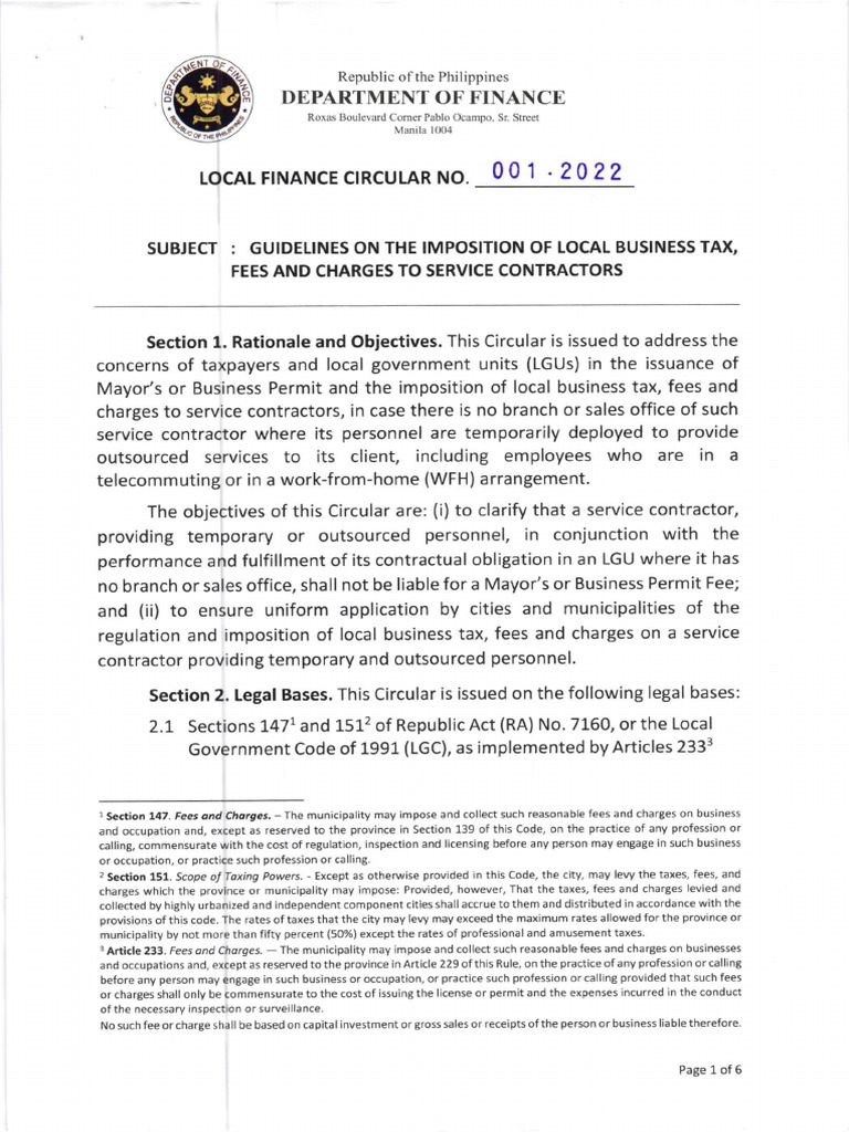 Local finance circular no 001 2022 service contractors pdf taxes fee