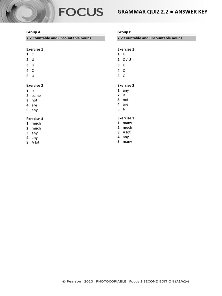 Focus 1 Grammar Quiz 2.2 Answers | PDF