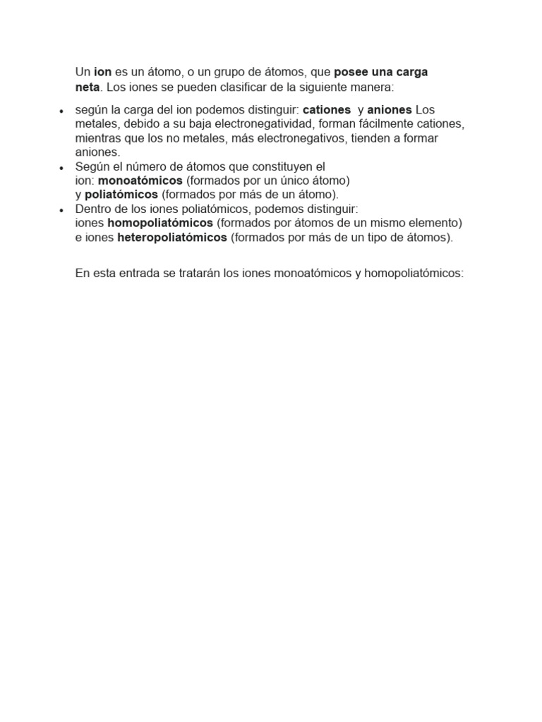 Clasificación de Iones: Monoatómicos y Homopoliatómicos | PDF