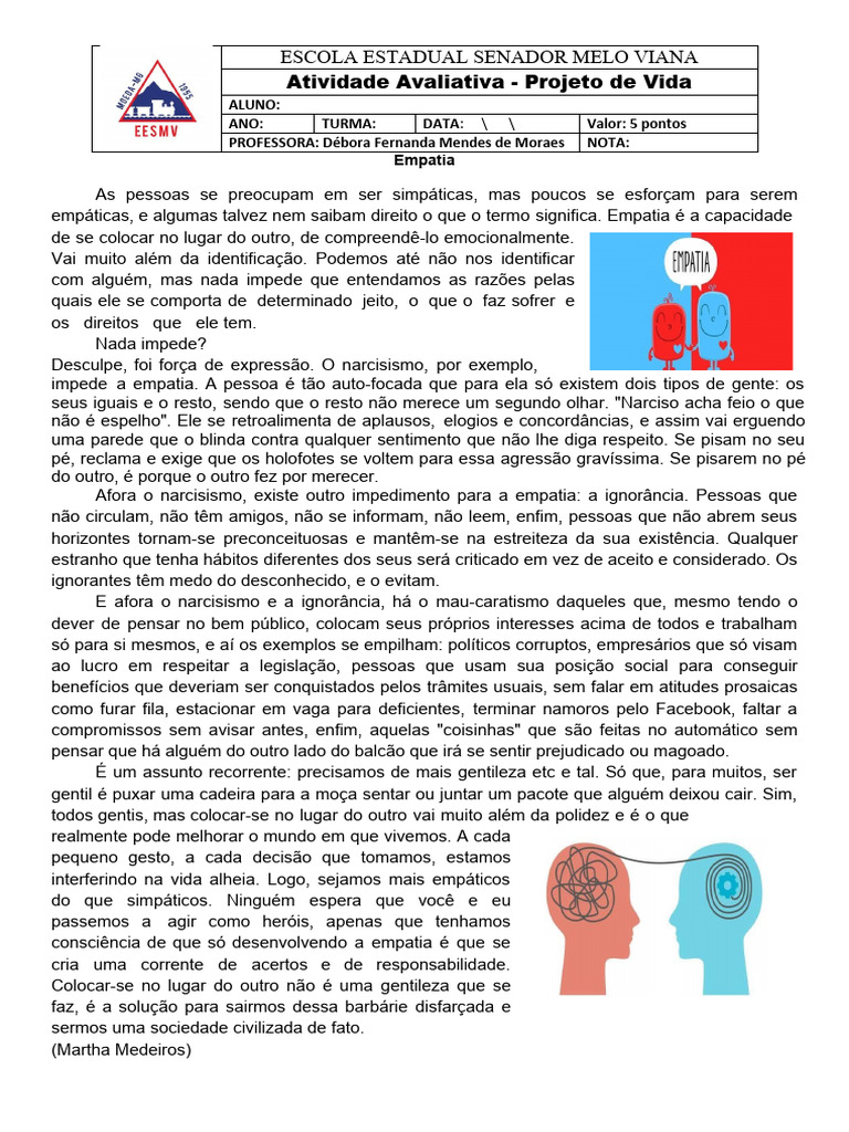 Avaliação Projeto de Vida 2024 Correto | PDF | Empatia
