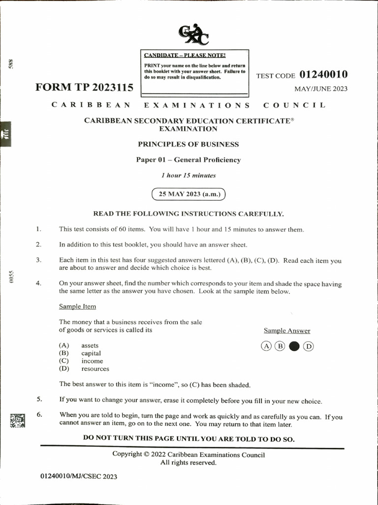 CSEC Principles of Business Past Paper P1 May 2023 With Answers | PDF