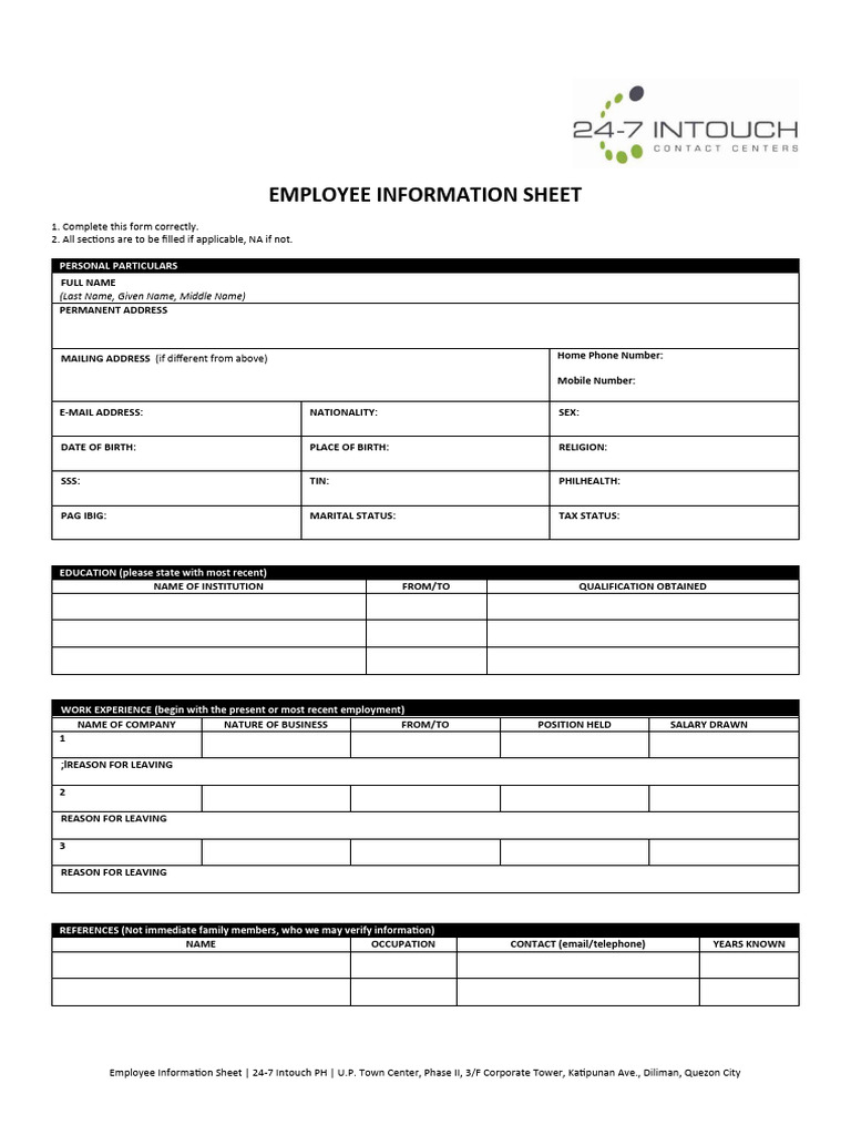 Employee Information Sheet (EIS) Download Free PDF Employment