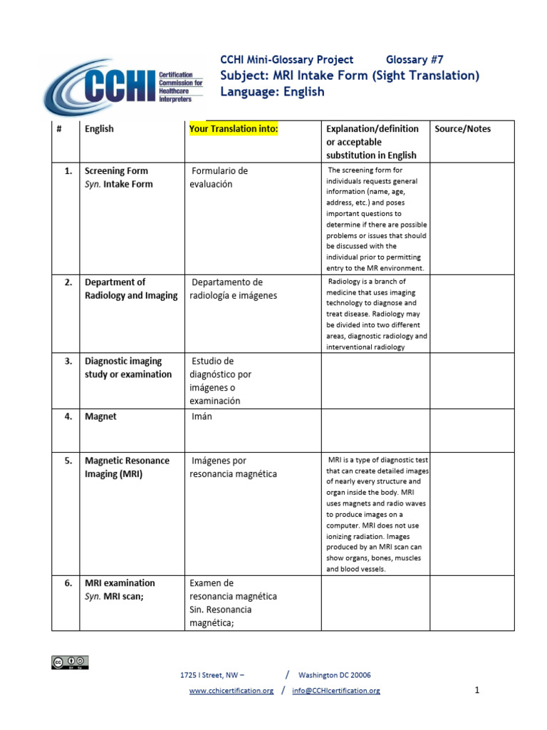 MRI Intake Form Glossary for Translators | PDF | Magnetic Resonance ...