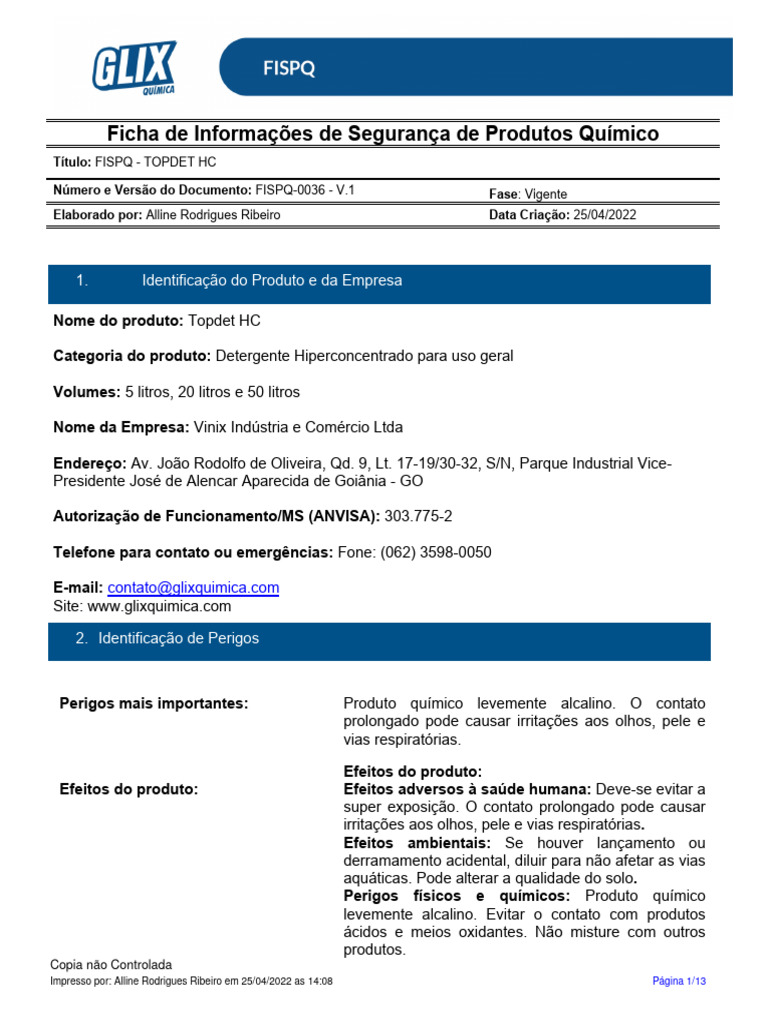 Ficha de Segurança - Topdet HC | PDF | Embalagem e rotulagem | Química