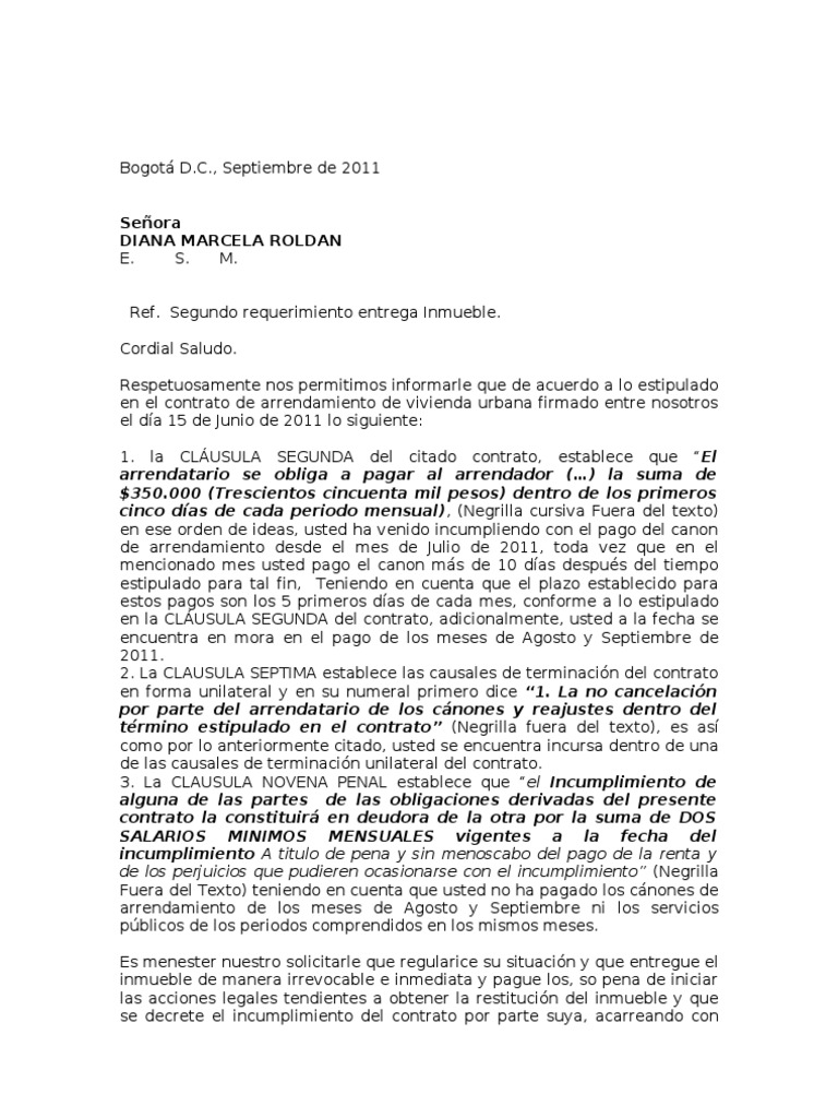 Carta Aviso De Mora Diana Roldan Alquiler Salario Minimo