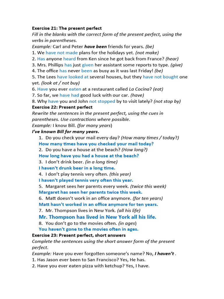 Present Perfect Practice Exercises | PDF | Language Arts & Discipline ...