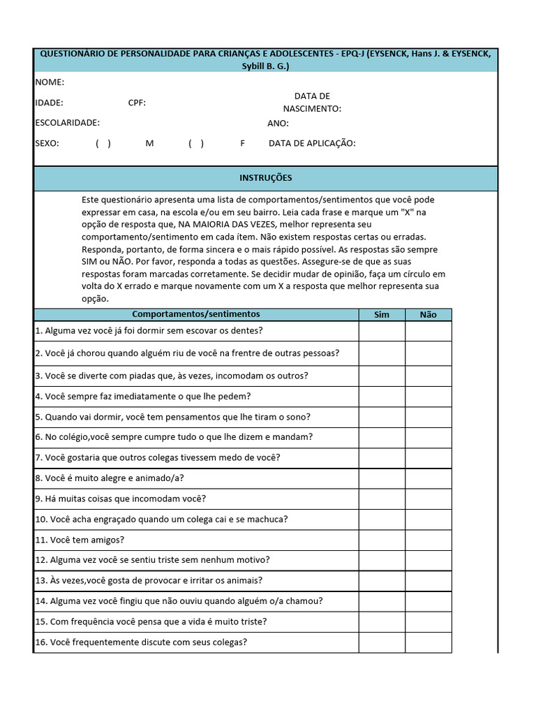 Questionário EPQ-J para Adolescentes | PDF