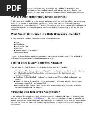 Daily Homework Checklist for Teachers