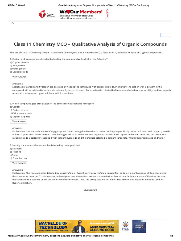 Qualitative analysis of organic compounds class 11 chemistry mcq