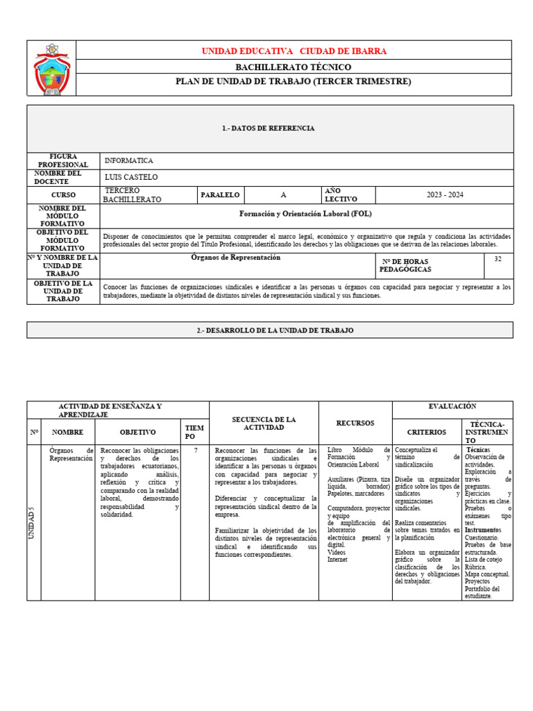 Formato Plan Unidad de Trabajo-PUT FOL | PDF | Sindicato | Maestros