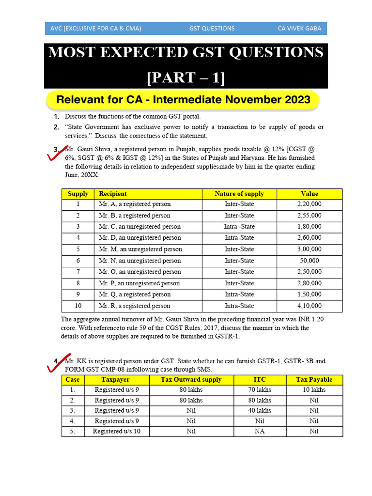 Essential GST Questions for CA/CMA Exams | PDF | Invoice | Value Added Tax