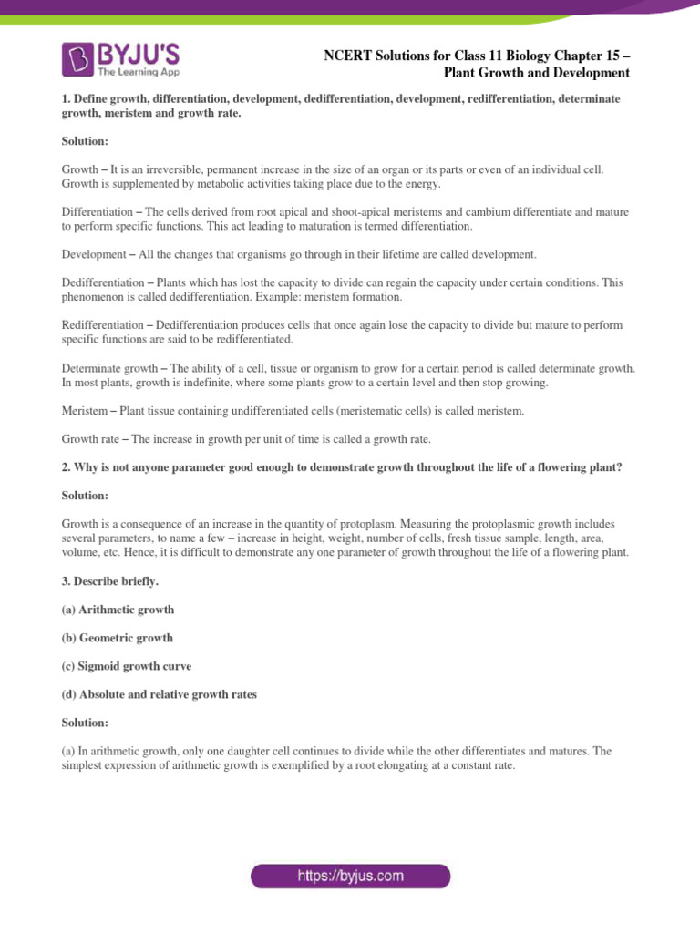 Ncert Solutions June6 For Class 11 Biology Chapter 15 Plant Growth and ...
