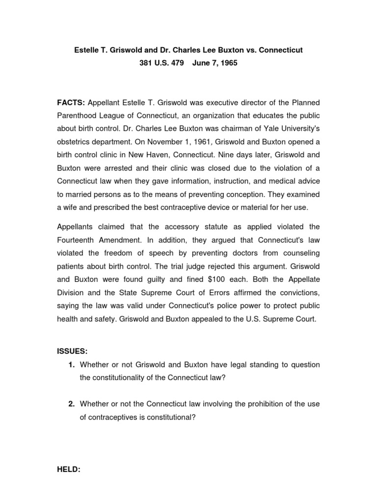 Griswold vs. Connecticut PDF Fourteenth Amendment To The United