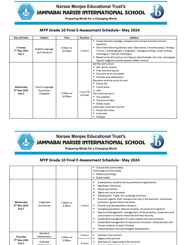 MYP Grade 10 E-Assessment Schedule | PDF | Chemical Reactions | Chemistry