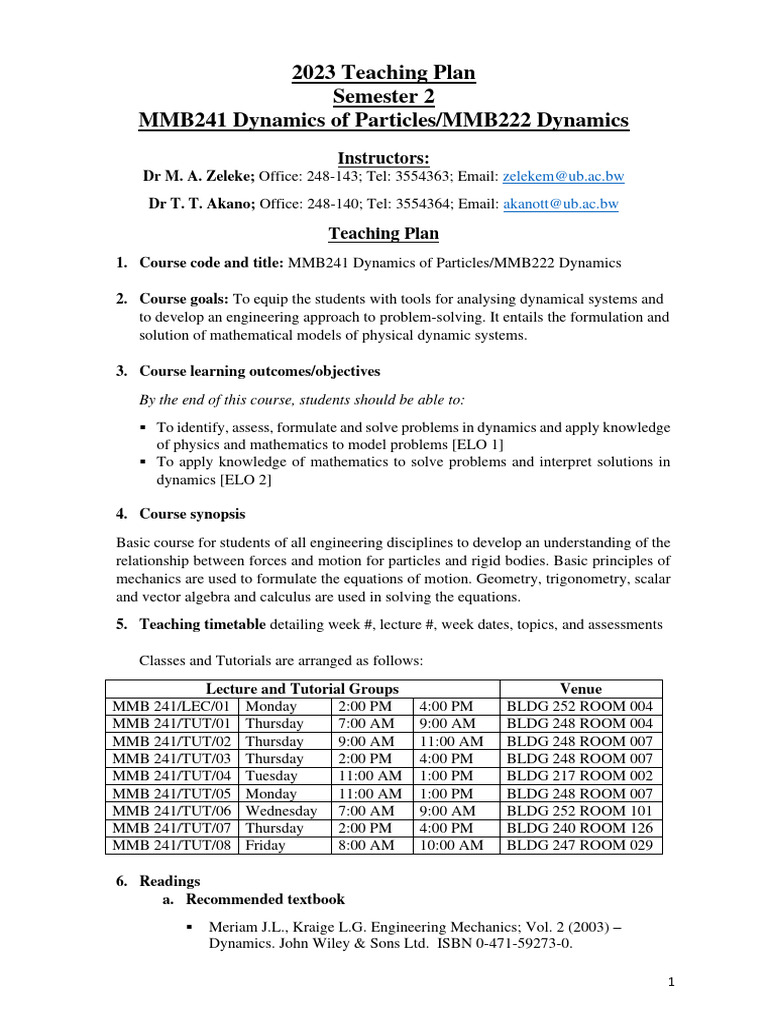 Dynamics of Particles Course Plan | PDF | Kinematics | Classical Mechanics