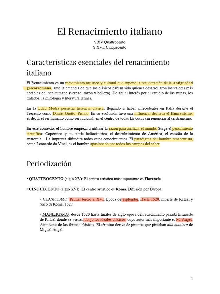 Características del Renacimiento Italiano | PDF | Renacimiento | Hazme