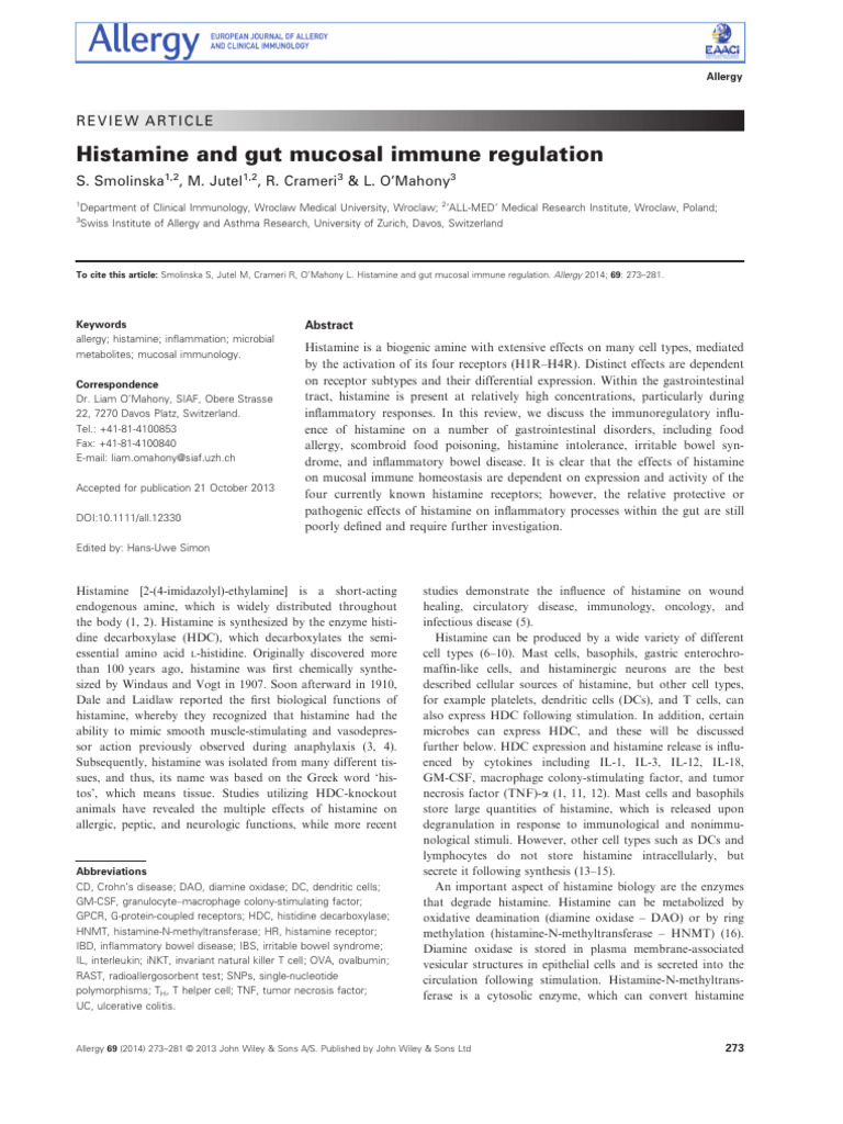 Histamine and Gut Mucosal Immune Regulation: Review Article | PDF ...