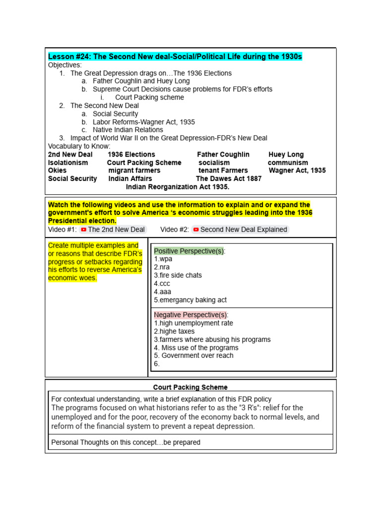 Lesson #24: The Second New Deal-Social Political Life During The 1930s ...