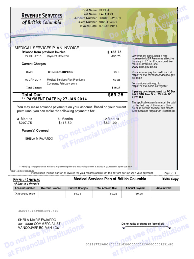 MSP Invoice Payment Due: $69.25 | PDF | Payments | Cheque