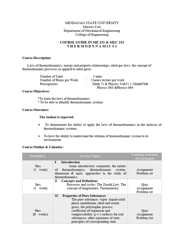 Course Guide In Thermodynamics 1 Download Free Pdf Thermodynamics