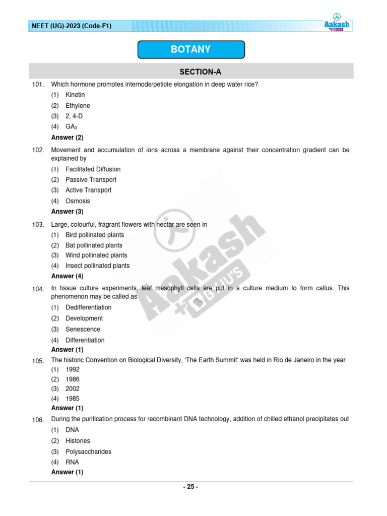 Qs and Ans - Neet 2023 - Code f1 - Final Pages 25 50 | PDF | Meiosis ...