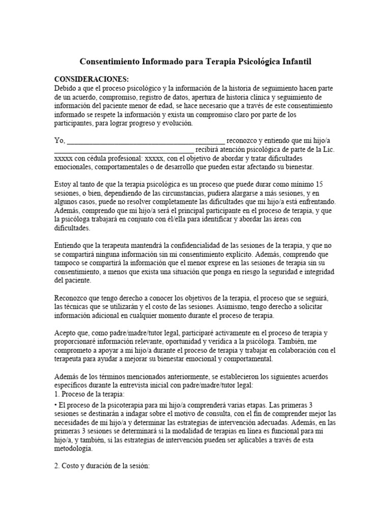 Consentimiento Informado Terapia Infantil | PDF | Psicoterapia | Sicología