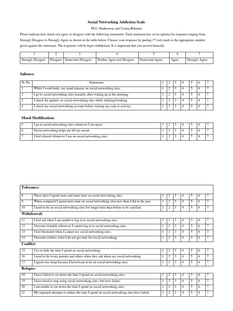 Social Network Addiction Scale | PDF | Psychology