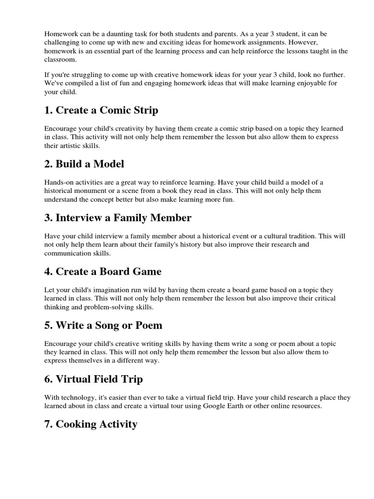 Creative Homework Ideas For Year 3 | PDF | Homework | Learning