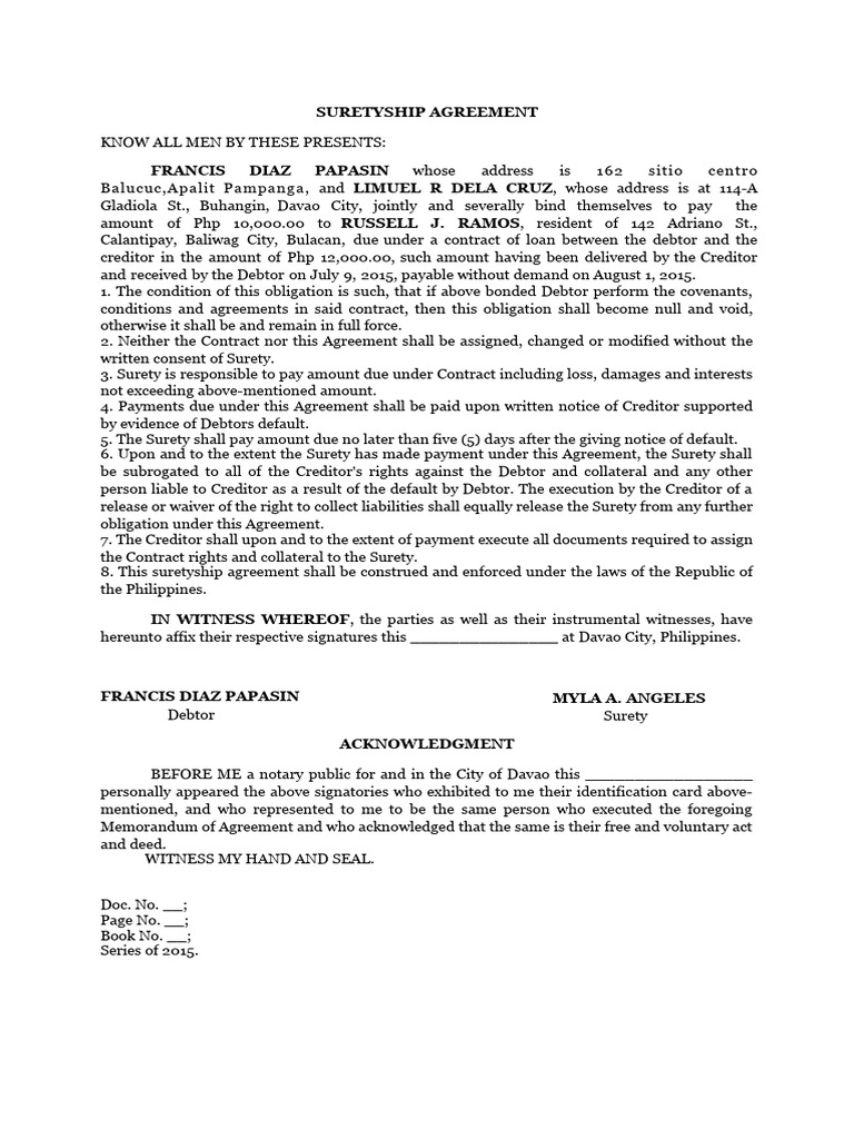 Suretyship Agreement for Loan Payment | PDF | Surety | Debtor