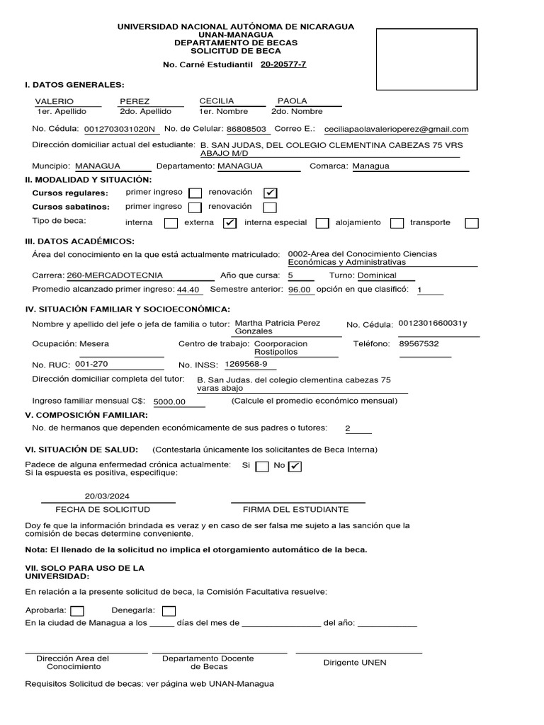 Solicitud de Beca Escolar UNAN-Managua | PDF